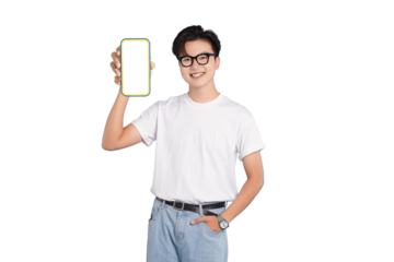 Smiling man presenting smartphone: A young man is presenting a smartphone, showcasing the screen with a cheerful smile. He represents modern technology and digital content. 