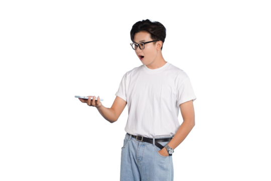 Astonished reaction to the device : The man is surprised by the content displayed on his device, exuding a sense of shock and wonder.