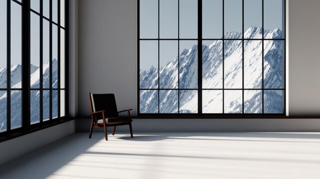Minimalist interior featuring a single chair beside large windows showcasing majestic snow-capped mountains