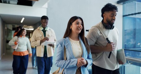 Startup, walking and business people in office talking for planning, networking and chatting in hallway. Media agency, creative team and men with women for conversation, collaboration and meeting - Powered by Adobe