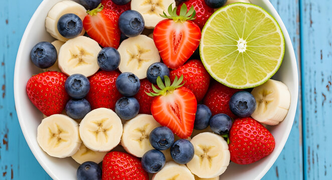 Fresh fruit salad with strawberries bananas and blueberries served in bowl - Powered by Adobe