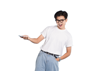 Joyful Geek's Digital Companion: A cheerful young man, sporting eyeglasses and casual attire, enthusiastically holds up his digital device, expressing a sense of discovery and digital immersion.