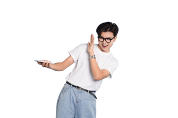 Smartphone User's Delight: A young man, engrossed in his smartphone, exhibits a mix of surprise and delight, captured in a candid moment. 