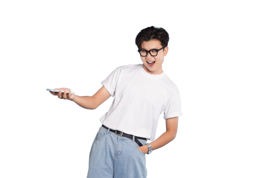 Joyful Geek's Digital Companion: A cheerful young man, sporting eyeglasses and casual attire, enthusiastically holds up his digital device, expressing a sense of discovery and digital immersion.