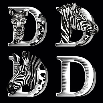 Engraved Letter D with Zebra and Llama Animal Faces, Alphabet Typography, Vintage Graphic Design Element Illustration Set