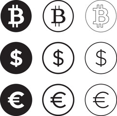 currency symbol icon set – bitcoin, dollar, euro icons. vector icons, vector illustration. editable file.