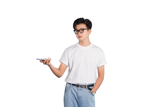 Modern Lifestyle and Technology: A young individual, clad in casual attire and eyeglasses, engages with a sleek smart phone.