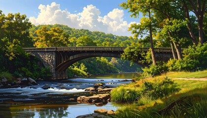 Picturesque stone bridge over a flowing river with lush greenery and vibrant trees