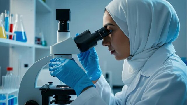 Female Muslim scientist in a hijab using a microscope in a lab. Researcher conducting a medical experiment and analysis. Women in STEM and scientific discovery concept