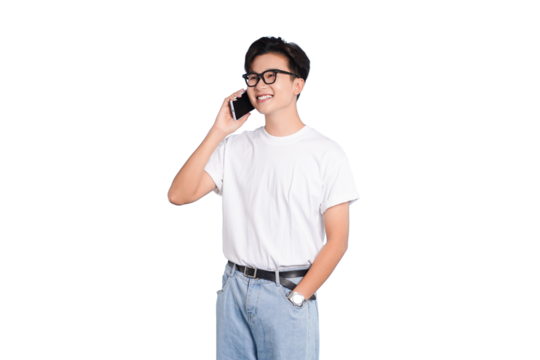 Man in Contact: A young man with stylish eyeglasses engages in a friendly phone conversation, radiating warmth and ease. - Powered by Adobe