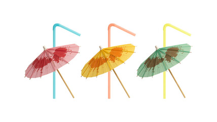 Three colorful cocktail umbrellas with straws isolated on a transparent background