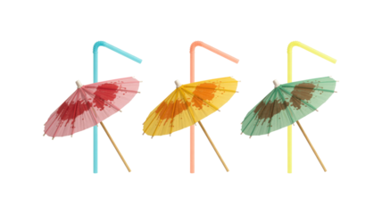 Three colorful cocktail umbrellas with straws isolated on a transparent background