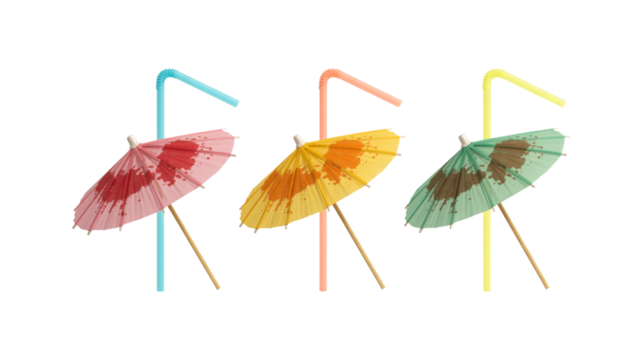 Three colorful cocktail umbrellas with straws isolated on a transparent background
