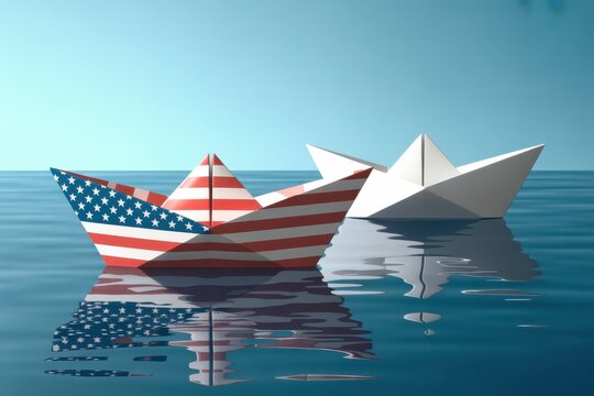 American pride floats with paper ships on calm blue waters, symbolizing patriotism, freedom, and memorial, perfect for summer holidays and remembrance