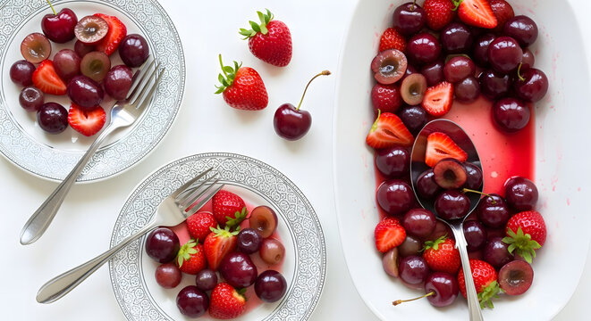 Berry fruit salad with cherries, strawberries and grapes for dessert - Powered by Adobe