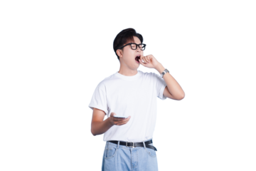 Boredom Unleashed: A Young Man Yawns. In a simple and uncluttered scene, a young man, sporting eyeglasses and a casual tee, is captured in a moment of utter boredom, mouth agape in a yawn.