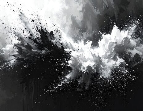 A grayscale artwork depicting a dynamic explosion of light and dark, suggesting energy and movement