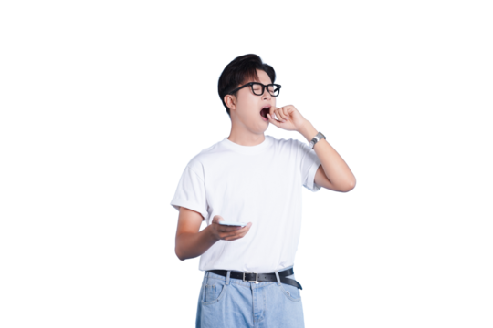 Boredom Unleashed: A Young Man Yawns. In a simple and uncluttered scene, a young man, sporting eyeglasses and a casual tee, is captured in a moment of utter boredom, mouth agape in a yawn.