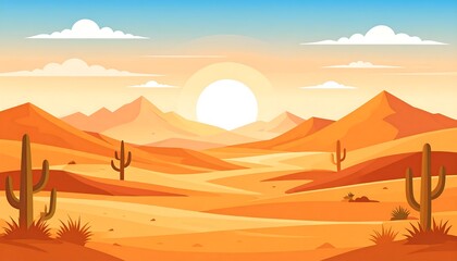 Serene desert landscape with cacti and mountains under the morning sun