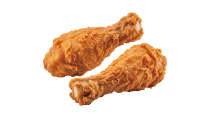 Two Crispy Fried Chicken Drumsticks isolated on a transparent background