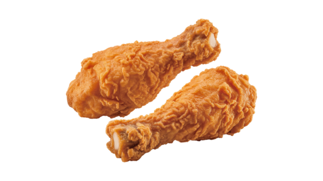 Two Crispy Fried Chicken Drumsticks isolated on a transparent background