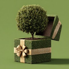 Open Gift Box with Topiary Plant Centerpiece