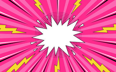 Comic pop art background with speech bubble. Comic book background with thunder and lightning in halftone style.