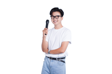 The Enthusiastic Performer: A smiling individual, dressed in casual attire and wearing glasses, confidently holds a microphone, capturing the anticipation and readiness for a presentation.