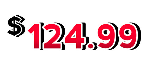 Red price tag $124.99 dollars 3d sign symbol on transparent background Perfect for advertising, sale banners, product promotion, discount labels, and e-commerce graphics design elements.