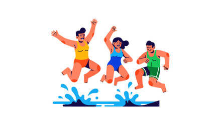 Obraz premium Joyful Trio Leaping Into Aquatic Elements Illustration With Unique Styling