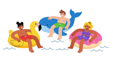 Obraz premium Joyful Trio Relaxes on Water Floats Enjoying Summer Vibes and Coastal Activities
