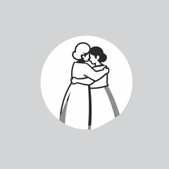 A simple black and white illustration of two women embracing each other warmly.