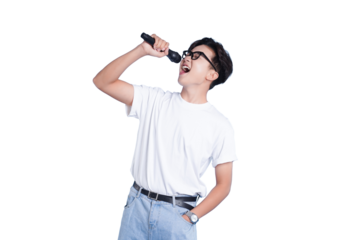 Singing with Passion: A young, bespectacled individual passionately sings into a microphone, capturing the essence of performance and the love for music.