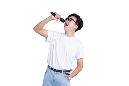 Singing with Passion: A young, bespectacled individual passionately sings into a microphone, capturing the essence of performance and the love for music.