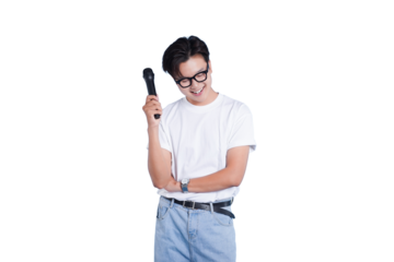 Microphone and Grinning: A bespectacled individual, embraces the limelight, holding a microphone. This image captures the essence of vocal performance and public speaking.