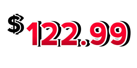 Red price tag $122.99 dollars 3d sign symbol on transparent background Perfect for advertising, sale banners, product promotion, discount labels, and e-commerce graphics design elements.