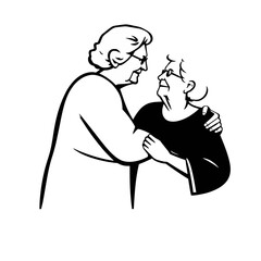 Two elderly women embracing, sharing a moment of affection and support, smiling at each other.