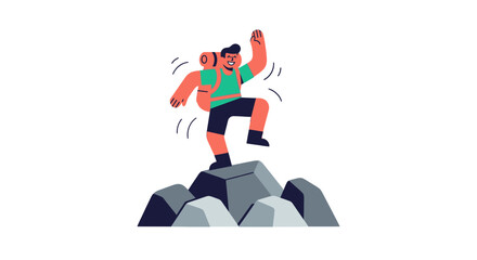Obraz premium Joyful Hiker Reaching Summit On Rocky Mountain with Backpack and Excitement