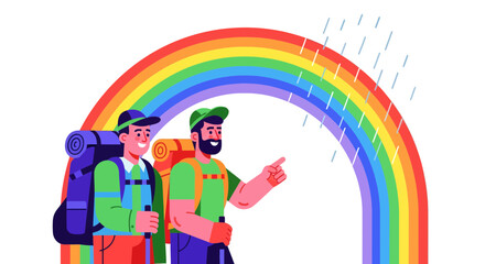Joyful Hikers Spotting Something Under a Vibrant Rainbow in Splendid Outdoors