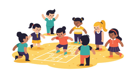 Joyful Illustration Capturing Children Playing Hopscotch on Sunny Ground with Friends