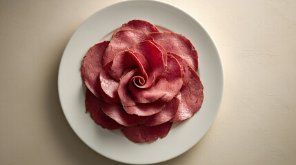 美しいバラの花の形に繊細に盛り付けられた薄切りで赤身の色鮮やかな高級ローストビーフ