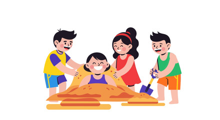 Joyful Kids Enjoying Summer Fun Constructing Sandcastle Together On The Beach