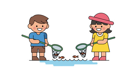 Joyful Kids Enjoying Fishing Fun with Nets and Small Fish in Serene Waters