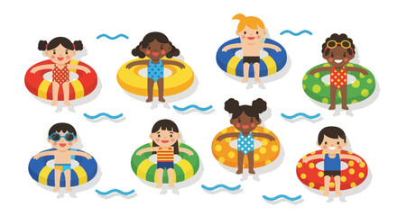 Joyful Kids Enjoying Summer Days with Colorful Floats on a Dark Background