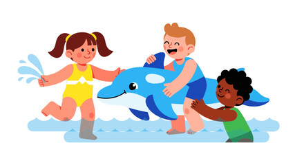 Joyful Kids Enjoying Summer Fun With A Playful Dolphin In The Water