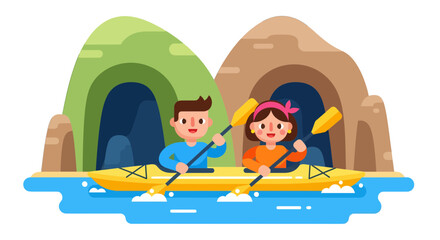 Kayak Adventure With Couple: Joyful Paddling on a Peaceful River Scene, Travel Theme