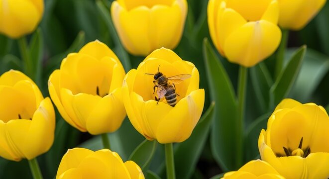 A close-up shot of a busy bee collecting nectar from a vibrant yellow tulip in a field of blooming flowers.