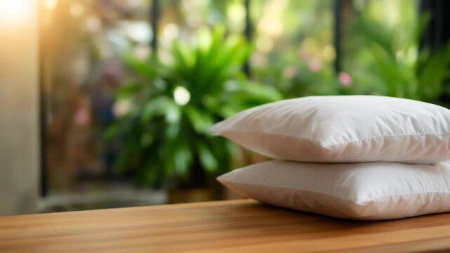White pillow stack on wooden surface with sunlight and greenery backdrop