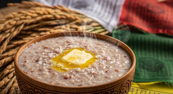Comforting Bhutanese Red Rice Porridge with Butter & Salt in Wooden Dapa &ndash; Red Rice Stalk, Prayer Flag