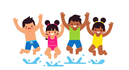 Joyful Kids Jumping into Water with Big Smiles and Arms Raised High